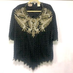 Vintage 80s 90s Silk Carina by Barry Lee Black beaded top sequin Plus Size 4X